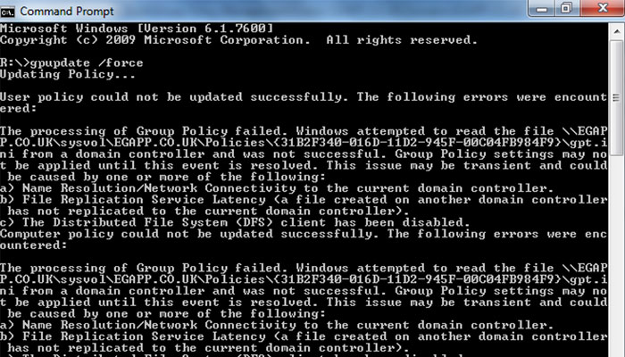 the processing of group policy failed