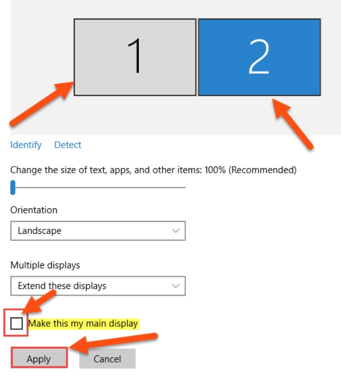 windows 10 display settings make this my main display greyed out