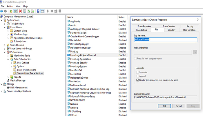 session perfdiag logger stopped due to the following error 0xc0000188