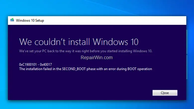 Windows 10 Install Failed Second Boot