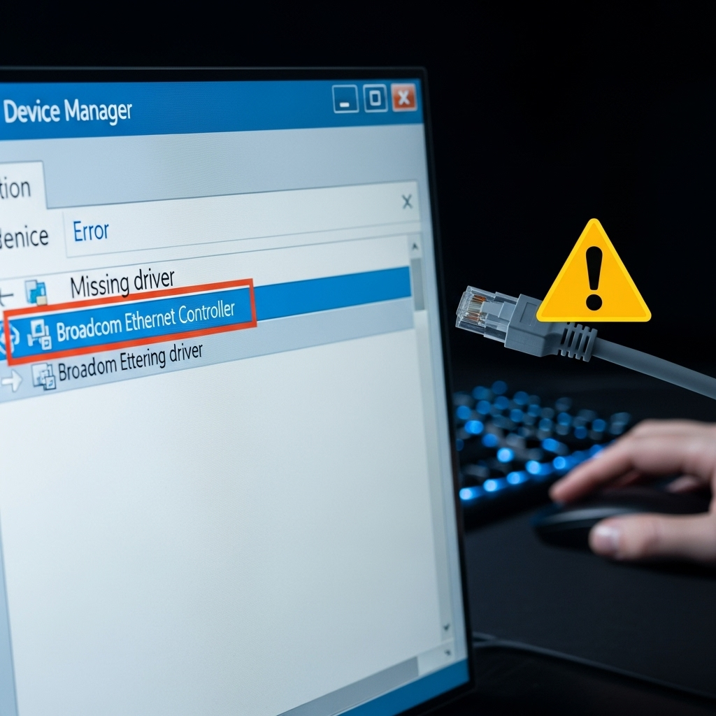 Generate a high-quality, relevant image prompt for an article about: Broadcom Ethernet Missing Drive
